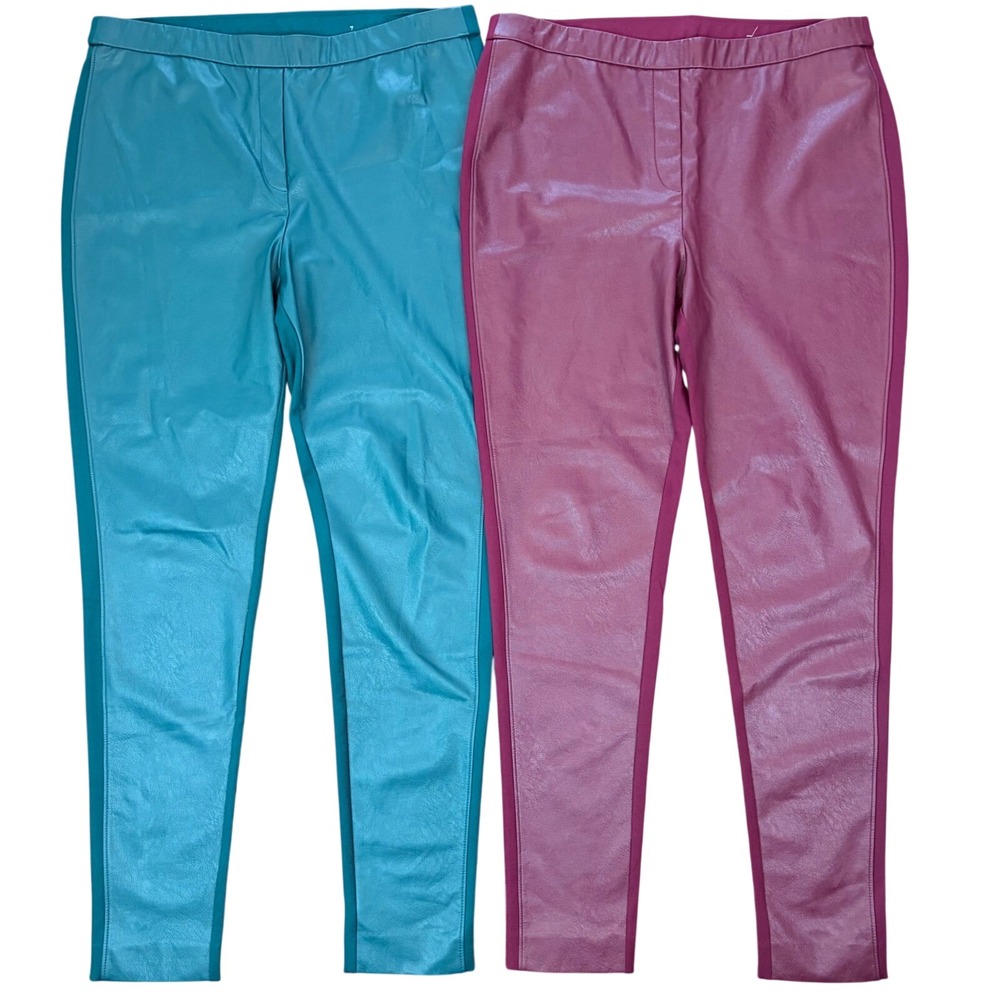 (2) Chicos Faux Leather Leggings Teal Burgundy Slim Fit Pants Tall 3T/16T XL